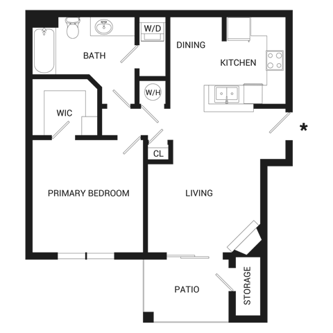 Floor plan for 1 bed, 1 bath, 716 sqft